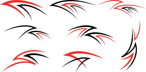 Abstract Red and Black Race car lines. Sport stripes vinyl stickers for Futuristic Logo, Tattoo, and Graphic Design Elements, Perfect for Modern Illustration, Motion Graphics, and Digital Art Projects