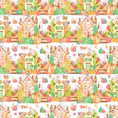 Obraz premium Hand drawn watercolor autumn fairytale house with mushrooms and leaves seamless pattern isolated on white background. Can be used for textile, fabric, scrapbook and other printed products.
