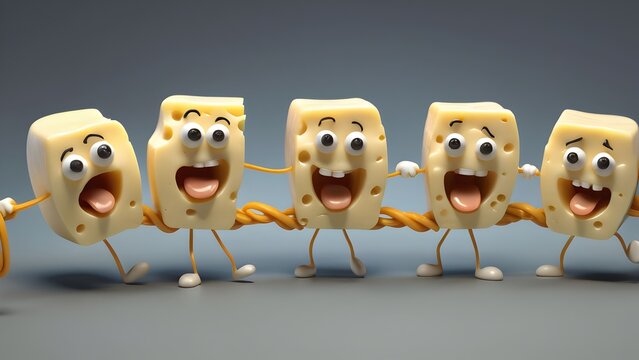 A group of mini cheese bites could be playing tug-of-war with a long string of mozzarella, with exaggerated expressions of determination and strain.