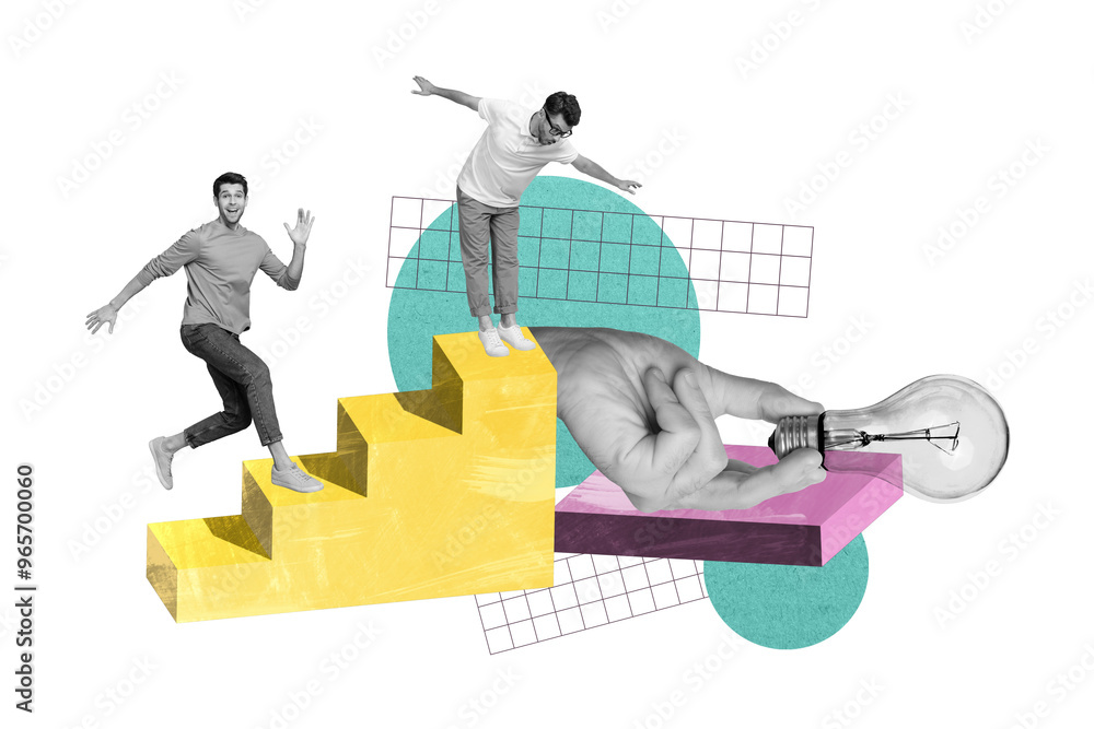 Poster exclusive picture sketch collage image of competitive guy running giving best idea isolated creative