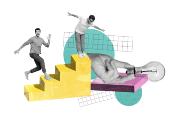 Exclusive picture sketch collage image of competitive guy running giving best idea isolated creative background