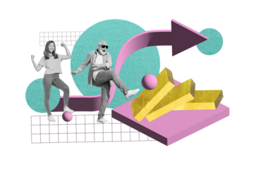 Creative abstract template graphics collage image of carefree small lady grandfather having fun together isolated beige color background
