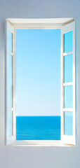 Fototapeta premium A serene view through an open window showcasing a vast blue ocean under a clear sky, perfect for evoking tranquility.