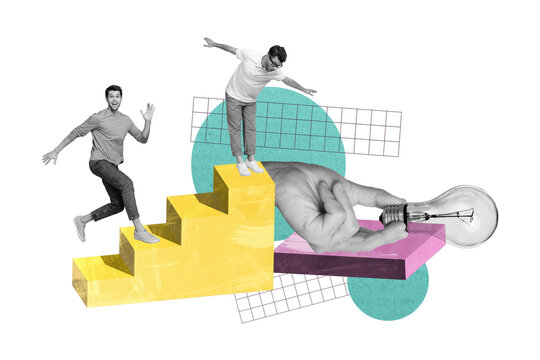 Exclusive picture sketch collage image of competitive guy running giving best idea isolated creative background