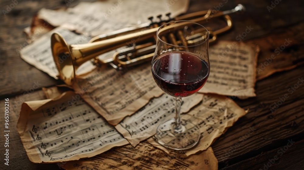 Wall mural a glass of wine, music sheet and trumpet on table