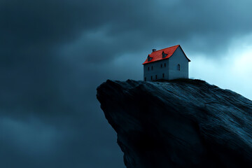 A solitary house with a red roof perched on a rocky cliff under a stormy sky, creating a dramatic and moody atmosphere.