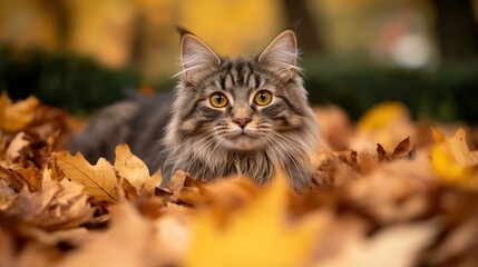 A cat resting among colorful autumn leaves, showcasing a serene outdoor scene.