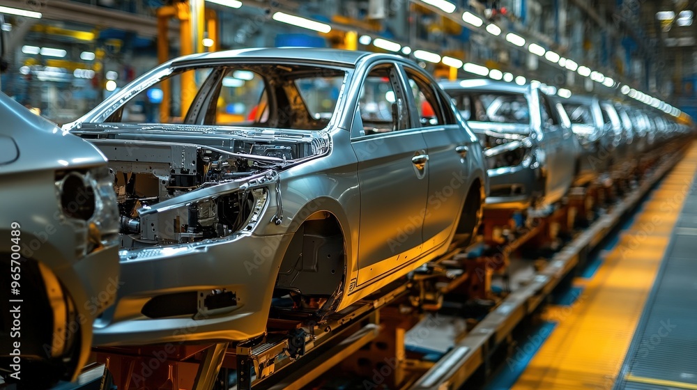 Poster an automotive assembly plant showcases multiple vehicle frames moving along the production line duri