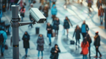 Obraz premium Public surveillance scene in a busy urban area, capturing people going about their day