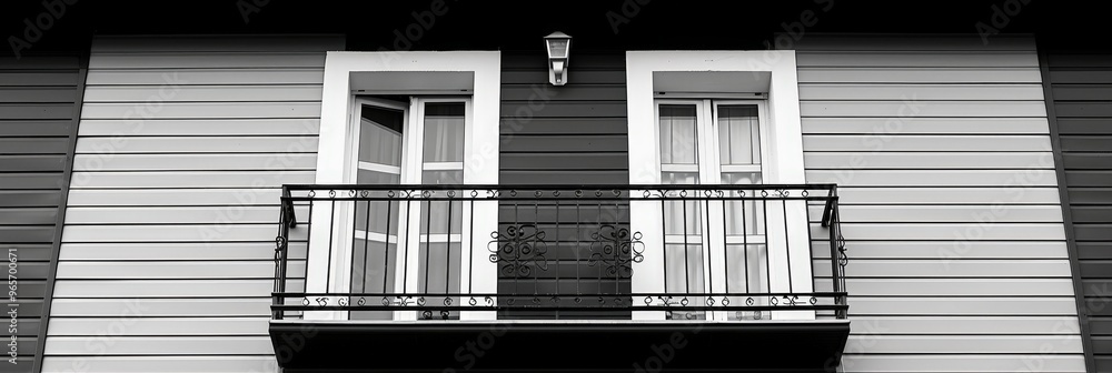 Poster a stylish balcony adorned with an elegant railing sits above two large windows on a beautifully pain