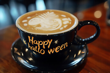 lettering "Happy Halloween" on coffee cup