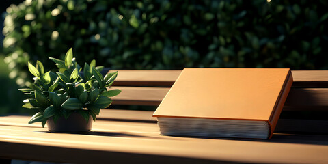 Fototapeta premium A tranquil scene featuring a book resting on a bench beside a lush plant, ideal for relaxation and reading moments.
