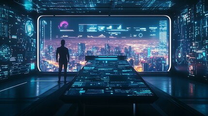 A futuristic control room with sleek neon-lit panels, artificial intelligence interfaces, and a panoramic digital city view in the background, with a human figure observing advanced technology