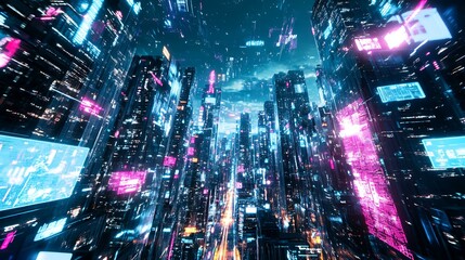 A glowing futuristic cityscape at night with towering skyscrapers, neon lights reflecting off metallic surfaces, and abstract AI holographic displays hovering above the streets, blending technology