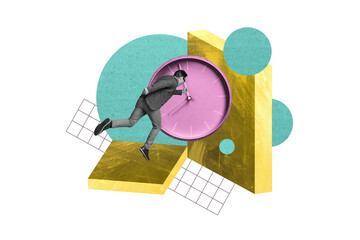 Artwork sketch abstract 3d pinup pop collage of young man running do work task schedule challenge planning management concept