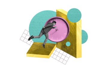 Artwork sketch abstract 3d pinup pop collage of young man running do work task schedule challenge planning management concept