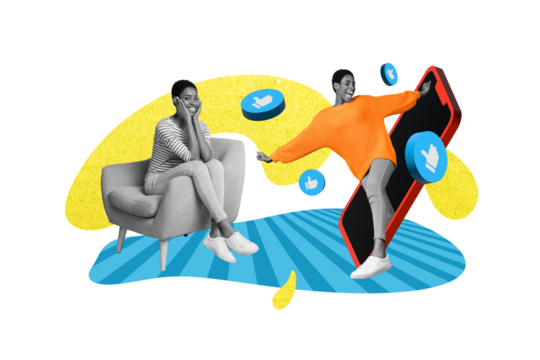 Image sketch artwork collage of positive girls friends bloggers spend time instagram telegram facebook sit chair rejoice positive feedback