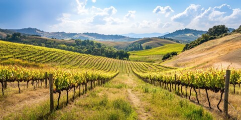 Fototapeta premium Scenic vineyard landscape with rolling hills and vibrant grape rows under a bright sky, perfect for wine and travel themes.