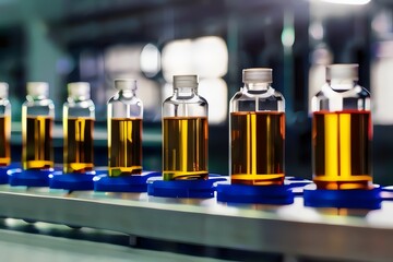 Medical vials on a production line in a pharmaceutical factory, with a pharmaceutical machine handling the production of pharmaceutical glass bottles. Generative AI.
