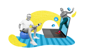 Sketch collage artwork of positive funky old men hold dumbbell gym exercise fitness ball sporty equipment isolated on painted background