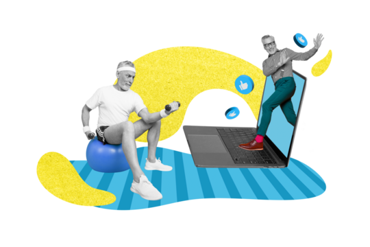 Sketch collage artwork of positive funky old men hold dumbbell gym exercise fitness ball sporty equipment isolated on painted background