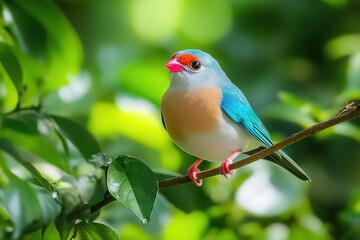 Fototapeta premium Close-up of colorful bird perched on a branch, surrounded by green leaves and natural sunlight