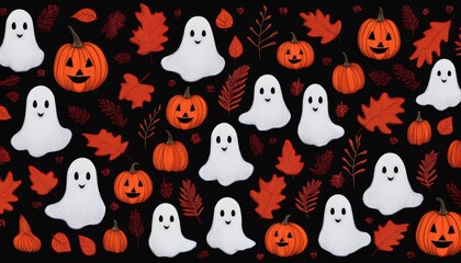 Fototapeta premium Seamless pattern of cute ghosts and pumpkins floating on a black halloween background