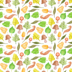 Hand drawn watercolor autumn mushrooms and leaves seamless pattern isolated on white background. Can be used for textile, fabric, scrapbook and other printed products.