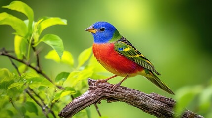 Fototapeta premium Vibrant painted bunting bird perched on a tree branch surrounded by greenery in its natural habitat
