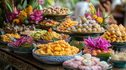 Fototapeta premium A vibrant display of assorted fruits and desserts, beautifully arranged with exotic flowers, showcasing culinary artistry.