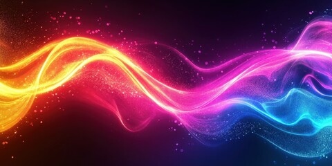 Vibrant abstract wave of colors, featuring radiant shades of orange, pink, and blue against a dark background.