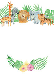 Vector baby shower card. Watercolor safari card with animals.