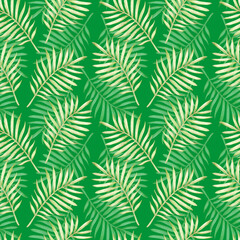Hand drawn watercolor green palm tree leaves seamless pattern isolated on green background. Can be used for textile, fabric and other printed products.