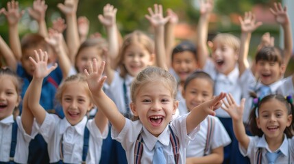 Fototapeta premium Happy children in school uniform, proudly wearing their school's colors