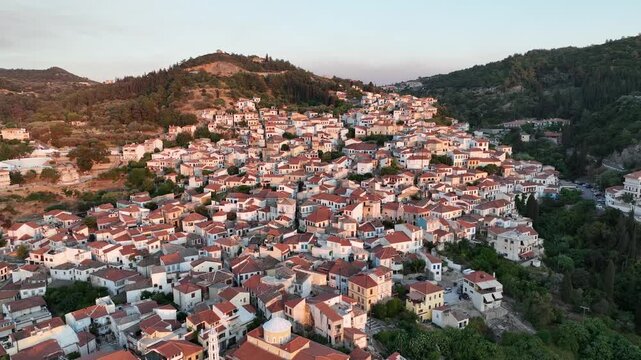 Aerial footage of Vathi village on Samos island, Greece
