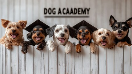 A group of six joyful dogs, each wearing a graduation cap, enthusiastically poses together at a dog training academy. They lean over a wooden fence, showcasing their excitement and accomplishments