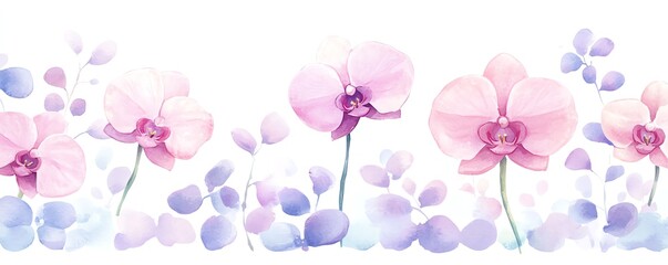 Obraz premium Stunning watercolor illustration of pink orchids and soft petals, perfect for floral designs and nature-themed projects.
