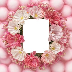 Obraz premium Top view of blank greeting card and tender eustoma flowers isolated on pink