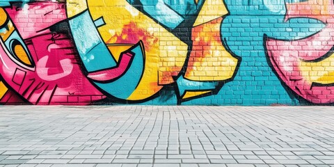 Fototapeta premium Vibrant graffiti art on a brick wall, showcasing dynamic colors and creative designs, perfect for urban and street culture themes.