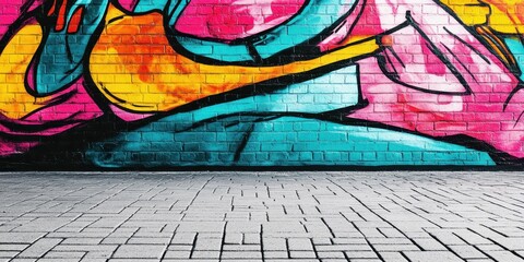 Vibrant graffiti art on a brick wall with bright colors and dynamic designs, creating an urban and energetic atmosphere.