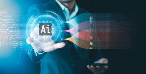 Ai tech, businessman touching, Chat with AI, using command prompt for generates on big data network connection, Data exchange, Science artificial intelligence technology, innovation of futuristic.