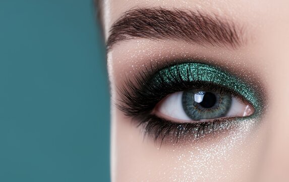 Close-up of a glamorous eye makeup look with shimmering emerald green eyeshadow, dark smoky accents, and dramatic lashes, perfect for bold beauty concepts