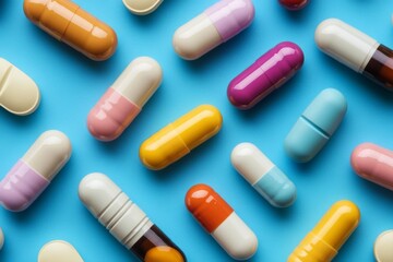 Array of Colorful Pills and Capsules on Blue Background