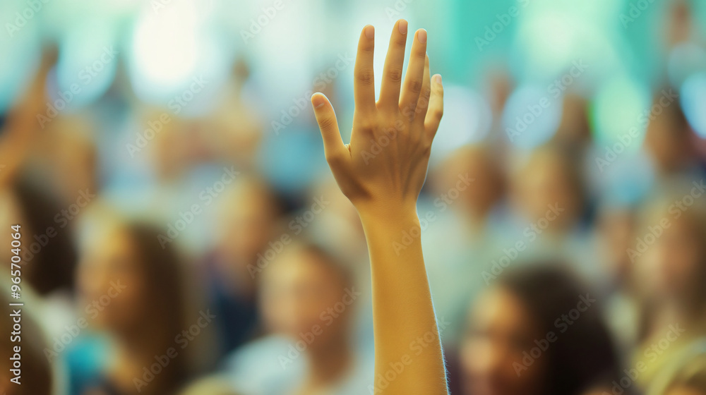 Poster student in a classroom full of peers is raising their hand to ask a question during a lecture