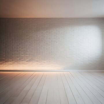 Fototapeta White brick wall, free space, white floor, soft light