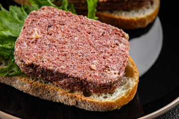 sandwich spam meat fresh meal food snack on the table copy space food background rustic top view