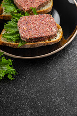 sandwich spam meat fresh meal food snack on the table copy space food background rustic top view