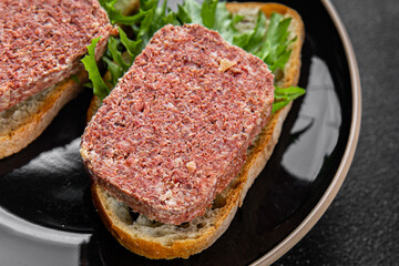 sandwich spam meat fresh meal food snack on the table copy space food background rustic top view