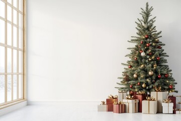 Christmas Tree with Gifts on White Wall, New Year Living Room Mock-Up, Minimal Style, Copy Space
