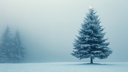 Fototapeta premium A lone, snow-covered pine tree stands tall against a misty, wintery landscape. .